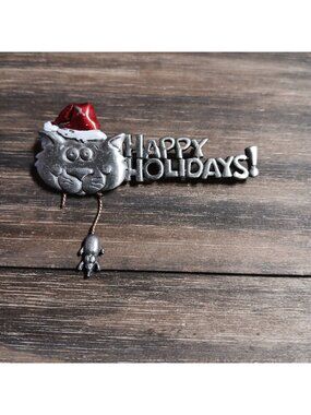 Vintage JJ Pewter Cat Mouse Holiday Brooch